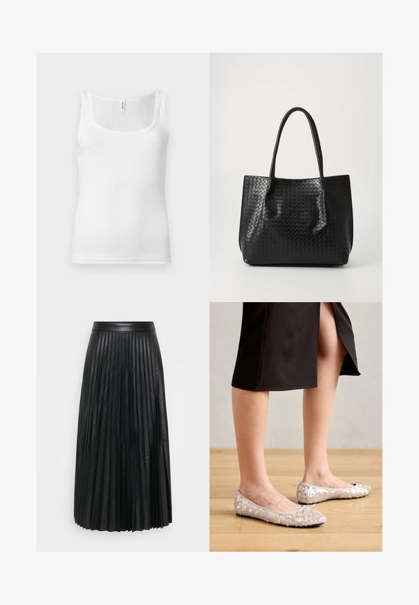 Hvid bomuldstanktop med rund halsudskæring, smalle skulderstropper og tætsiddende design. Glat tekstur og minimalistisk stil.; Sort plisseret nederdel lavet af kunstlæder, med vertikale folder, en glat talje og et gulvlængde design.; Beige stæl ballet flats med en rund tå, der har en bueaccent, parret med en sort nederdel, vist på et trægulv.; Sort vævet læder tote bag med to håndtag, struktureret form og subtil glansfinish på en ensfarvet lys baggrund.