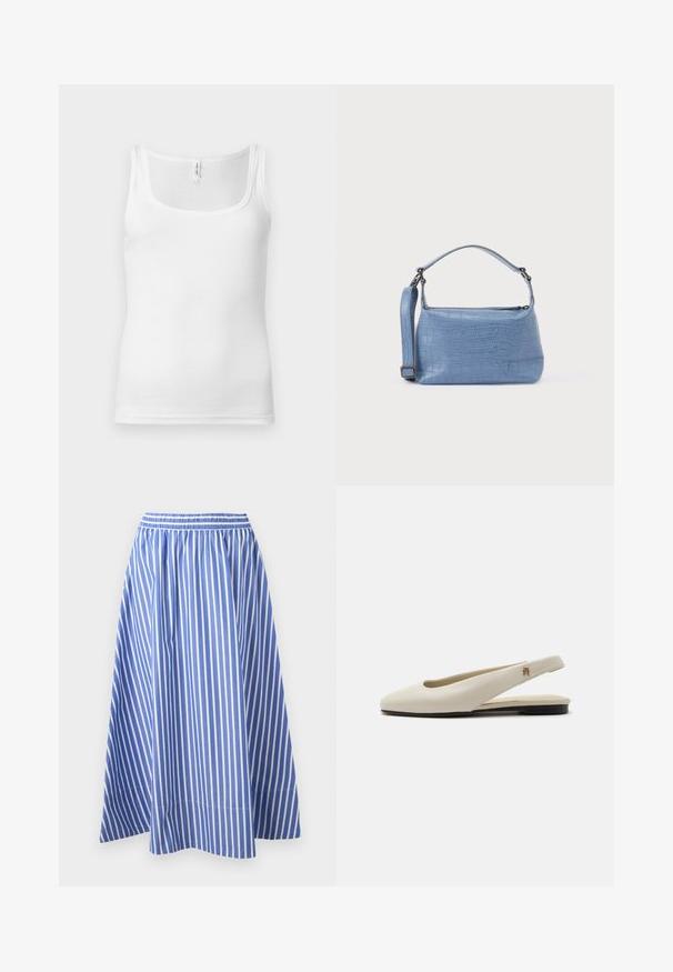 Wit katoenen tanktop met een ronde hals, smalle schouderbandjes en een aansluitend ontwerp. Gladde textuur en minimalistische stijl.; Blauw-wit gestreepte rok, met een elastische tailleband en een vloeiende A-lijn silhouet, gemaakt van luchtige stof.; Crèmekleurige leren slingback platte schoen met ronde neus en klein gouden embleem op het bandje.; Lichtblauwe handtas met krokodillenprint, voorzien van een korte handgreep en een afneembare schouderriem. Gladde textuur met een ritssluiting.