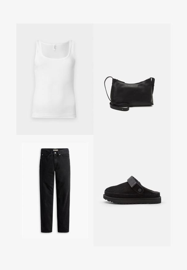 Hvid bomuldstanktop med rund halsudskæring, smalle skulderstropper og tætsiddende design. Glat tekstur og minimalistisk stil.; Sorte straight-leg jeans med knap- og lynlåslukning, bæltestropper samt for- og baglommer, vist fladt på hvid baggrund.; Sorte ruskindssandaler med rund tå, blød tekstur, justerbar rem og en tyk gummisål med mønstret slidbane for godt greb.; Sort læder skuldertaske med en glat tekstur, buet form, justerbar rem og lynlås. Minimalistisk design uden udsmykninger.