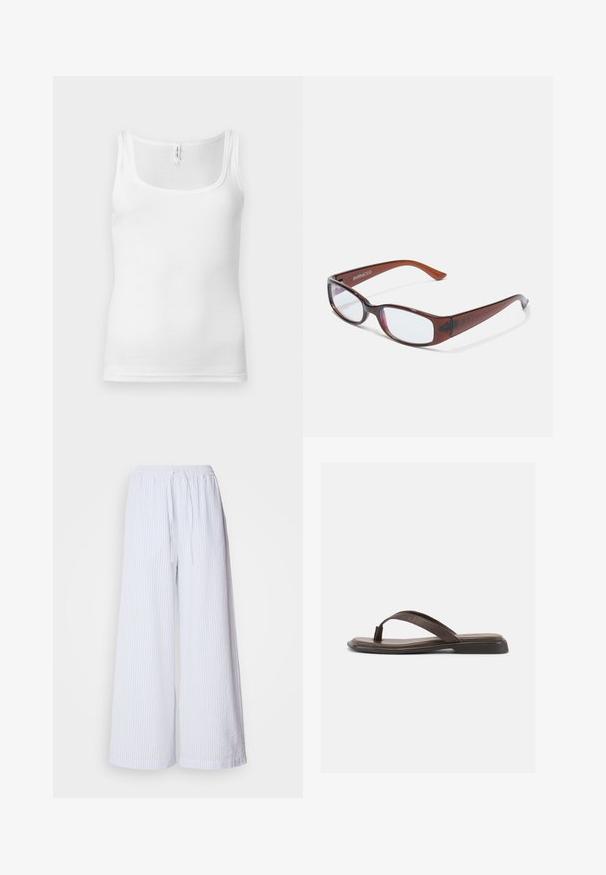 Weißes Baumwoll-Top mit U-Ausschnitt, schmalen Trägern und figurbetontem Schnitt. Glatte Textur und minimalistischer Stil.; Weiße weit geschnittene Hosen mit hellblauen Streifen, ausgestattet mit einem elastischen Bund mit Kordelzug und einem strukturierten Stoff.; Brauner Ledersandale mit flacher schwarzer Sohle und breitem Riemen über dem Fuß, seitlich auf weißem Hintergrund dargestellt.; Braun getönte rechteckige Brille mit glänzender Oberfläche, schlanken Bügeln und transparenten Gläsern. Logo auf dem linken Bügel sichtbar.