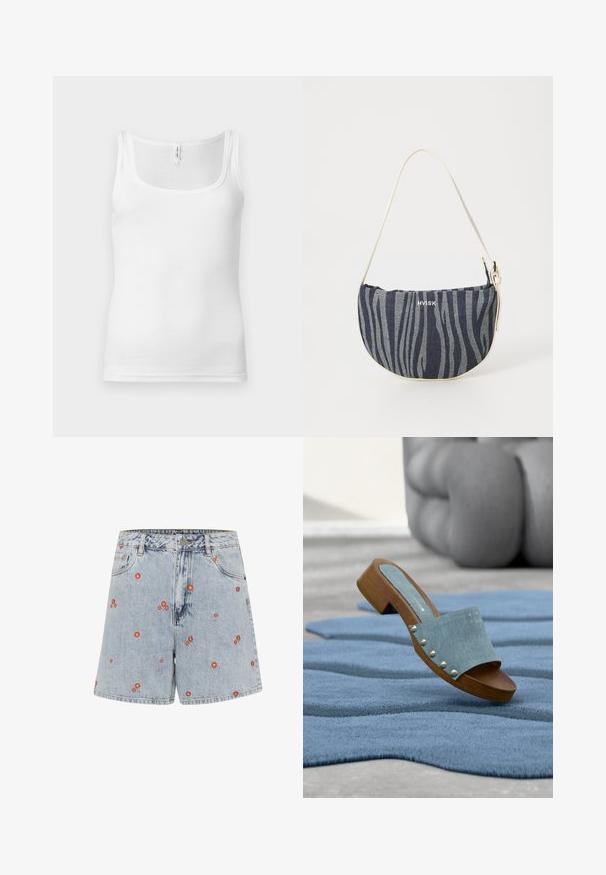 Weißes Baumwoll-Top mit U-Ausschnitt, schmalen Trägern und figurbetontem Schnitt. Glatte Textur und minimalistischer Stil.; Hellblaue Jeansshorts mit roter Blumenstickerei. Sie verfügen über eine hohe Taille, Fronttaschen und einen geraden Schnitt.; Ein einzelner Holzschuh mit einem Jeansriemen und Metallnieten liegt auf einem strukturierten blauen Teppich, im Hintergrund unscharf ein Sessel.; Denim-Handtasche mit geschwungener Form, die ein navy- und hellblaues Zebra-Streifenmuster aufweist, einen weißen Trageriemen hat und das Markenlogo prominent präsentiert.