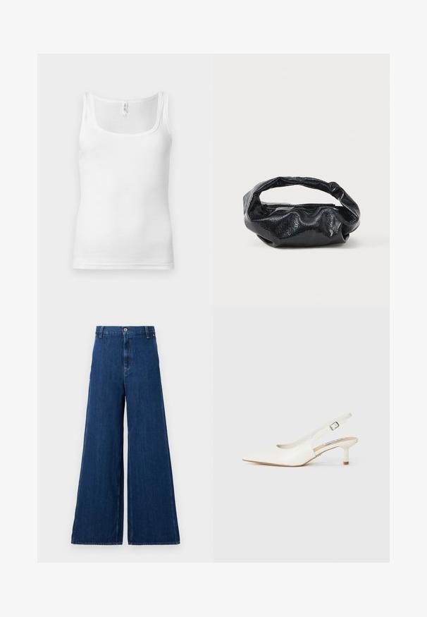 Débardeur en coton blanc avec encolure dégagée, fines bretelles et coupe ajustée. Texture lisse et style minimaliste.; Replay PANTS - Jean droit - dark blue; Des escarpins blancs avec un talon ouvert, en cuir lisse. Dotés d'un talon fin et d'une sangle à boucle pour un maintien sécurisé.; Sac noir en matériau texturé et brillant avec une poignée circulaire torsadée et une fermeture éclair. Présente un design doux et froissé.