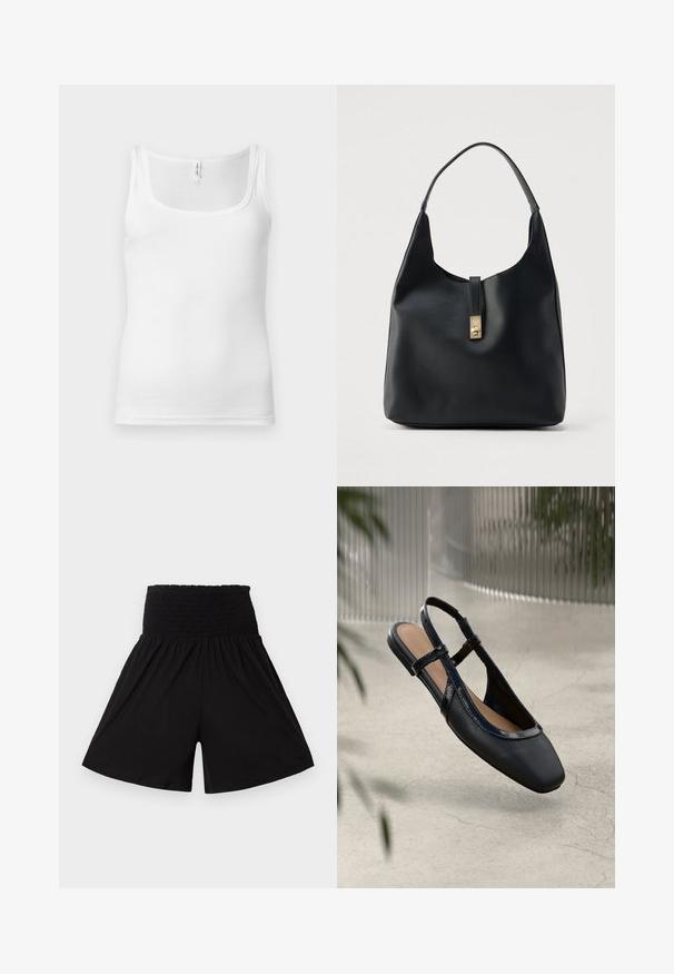 Débardeur en coton blanc avec encolure dégagée, fines bretelles et coupe ajustée. Texture lisse et style minimaliste.; Shorts noirs taille haute avec une large ceinture élastique froncée et des jambes larges et fluides.; Chaussure plate slingback en cuir noir avec un orteil carré, dotée d'un fini verni brillant et de sangles ajustables pour un maintien sécurisé.; Sac hobo en cuir noir à finition texturée, doté d'un fermoir doré et d'une anse incurvée unique pour un port à l'épaule.