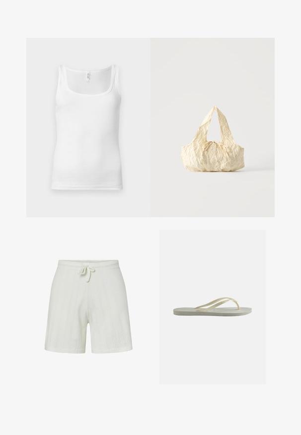 Débardeur en coton blanc avec encolure dégagée, fines bretelles et coupe ajustée. Texture lisse et style minimaliste.; Shorts en tricot blancs avec une taille élastique et un cordon de serrage. Dotés de rayures texturées et d'une coupe décontractée. Tissu doux pour le confort.; Tongs en caoutchouc blanc cassé, à bride fine et semelle texturée, vues de côté sur un fond uni.; Sac à main en tissu texturé couleur crème avec des anses sur le dessus et un petit nœud noué au centre devant.