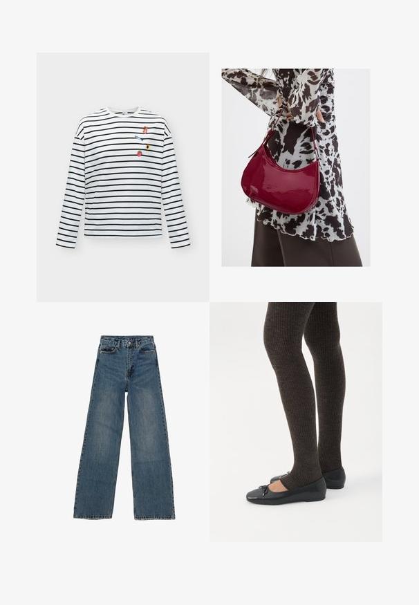 Camisa blanca de manga larga con rayas horizontales negras y pequeños parches bordados de colores que incluyen una cereza, un pez, un girasol y una fresa en el pecho.; Jeans de mezclilla azul de pierna ancha con cintura alta, cinco bolsillos y costuras en contraste. Desvanecimientos y ligerasImperfecciones visibles en la tela.; Piernas con leggings oscuros acanalados combinados con bailarinas negras que presentan pequeños detalles de lazo sobre un fondo blanco.; Mujer con blusa de estampado en blanco y negro sosteniendo un bolso de hombro rojo brillante sobre un fondo liso.