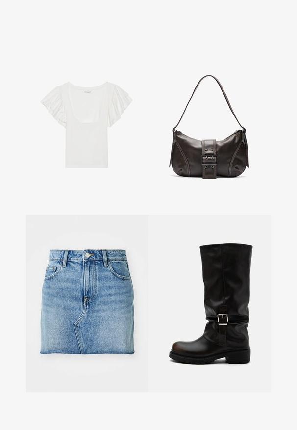 Biely top s krátkymi, volánovými rukávmi a širokým výstrihom. Vyrobený z mäkkého, elastického materiálu, má priliehavý strih.; Džínová miniskirtka v svetlomodrej farbe, rovný strih, dizajn s piatimi vreckami a zapínanie na gombík so subtílnym efektom vyblednutia.; Vysoká čierna kožená čižma s zaoblenou špičkou, nízkym podpätkom, bočným remienkom s prackou a mierne zmäkčeným shaftom na bielom pozadí.; Hnedá kožená taška cez plece s zakriveným tvarom, s výrazným detailom sponky, kontrastným prešívaním a jedným popruhom na plece.