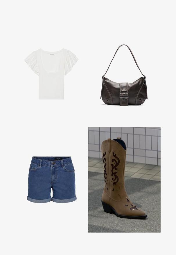 Witte top met korte, gerimpelde mouwen en een brede ronde hals. Gemaakt van zacht, rekbaar materiaal, met een aansluitende pasvorm.; Denim shorts in donkerblauw met een klassieke snit. Beschikt over opgerolde zomen, twee voorzakken en een knoopsluiting. Glad textuur.; Beige suède cowboylaars met donkerbruine decoratieve uitsneden en stiksels, staand op het trottoir voor een betegelde muur.; Bruine leren schoudertas met een gebogen vorm, voorzien van een opvallende gespdetail, contrasterende stiksels en een enkele schouderband.