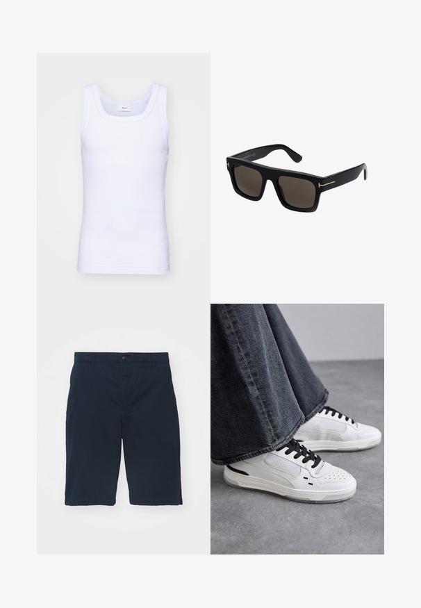 Débardeur sans manches en coton blanc avec un col rond, présentant une texture lisse et une coupe ajustée, conçu pour un usage décontracté.; Shorts bleu marine en coton avec une taille plate, une fermeture à bouton et des poches latérales. Longueur genou avec une texture lisse et des coutures nettes.; Baskets blanches avec des lacets noirs et des détails en maille. Dotées d'une tige en cuir lisse et d'une semelle en caoutchouc texturée. Associées à un jean gris à jambes larges.; Lunettes de soleil noires carrées avec des verres teintés, dotées d'accents dorés sur les branches et d'une texture en plastique lisse.