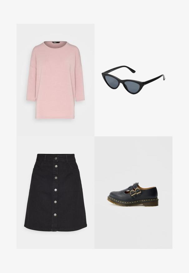 ONLY ONLGLAMOUR 3/4 TOP JRS NOOS - Top s dlhým rukávom - withered rose; Čierna džínsová sukňa s vertikálnym zapínaním na gombíky a piatimi vreckami. Má rovný strih a lem, vyrobená z odolnej bavlnenej tkaniny.; Čierna kožená topánka s dvoma remienkami na pracku, obsahujúca perforované detaily, zaoblenú špičku a žltý šv okolo podrážky.; Čierne slnečné okuliare v štýle mačacích očí s tmavošedými sklami, elegantným plastovým rámom, špicatými rohmi a rovnými stranami. Bez viditeľného hardvéru alebo akcentov.