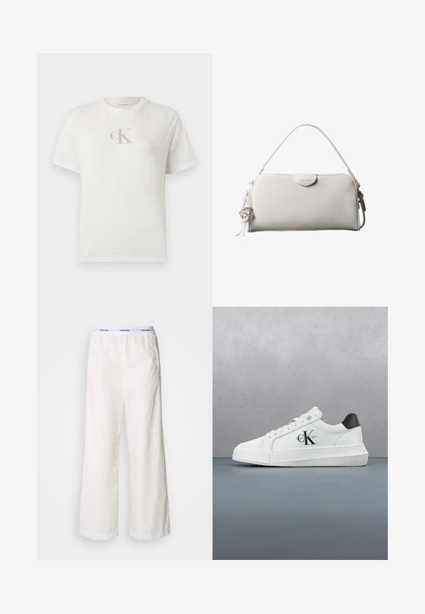 Korte mouw wit katoenen T-shirt met een klein lichtroze "CK" logo op de borst en een klassieke ronde halslijn. Zachte textuur.; Witte wijde broek met een elastische tailleband met een contrasterend Calvin Klein-logo. Gemaakt van gladde stof, bieden ze een ontspannen fit.; Witte lage sneaker met zwarte hiel tab, plateauzool, veters en Calvin Klein "CK" logo aan de zijkant.; Witte rechthoekige Calvin Klein handtas met enkele handgreep, minimalistisch ontwerp en decoratieve kwastjes met geometrische metalen hanger aan de zijkant.