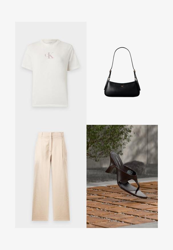 Hvid kortærmet bomuldst-shirt med en lille lyserød "CK"-logo på brystet og en klassisk rund halsudskæring. Blød tekstur.; Beige bukser lavet af glat stof. Har en lige pasform, flad front og to plisses. Ingen synlige mønstre eller metaldele.; Brun Calvin Klein hælet thong sandal svævende over træflise og grus udendørs med sløret grønt og stenmur i baggrunden.; Sort læder mini skuldertaske med tynd rem og lille gyldent CK-logo på fronten i midten.