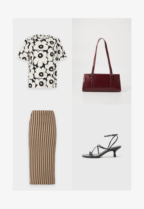 Sort og hvid t-shirt med korte ærmer med stort, fedt blomsterprint med overdimensionerede hvide blomster med sorte midter.; Strikket blyantskirt i tan med vertikale sorte striber. Mellemlangt, tætsiddende design med en glat tekstur og enkel talje. Ingen synlige lukninger.; Sorte hælede sandaler med tynde stropper, åbent tådesign og en lille, flared hæl. Materialet ser glat og blankt ud.; Bordeaux håndtaske lavet af glansfuldt materiale, rektangulær form, med to skulderremme og subtile buede detaljer på forsiden.