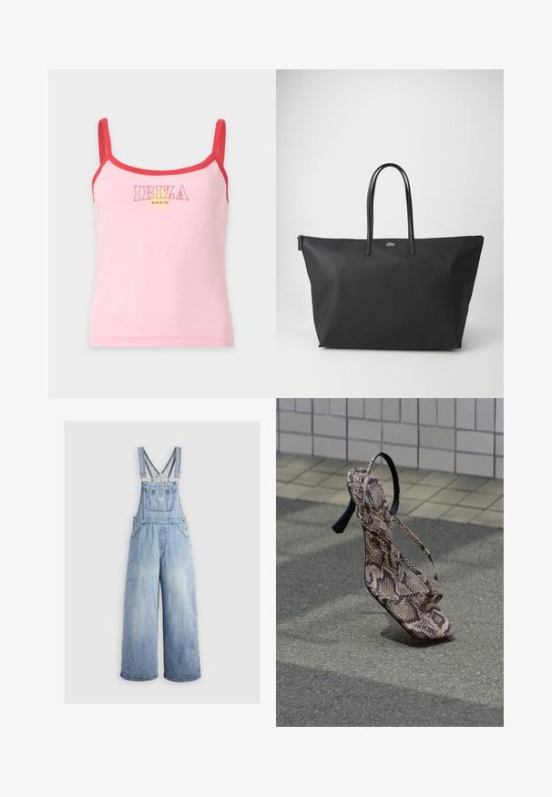 Lyserød ærmeløs top med rødt kantbånd og stropper, med teksten "IBIZA SPAIN" og en lille solgrafik på brystet.; Lyseblå denim overalls med brede ben, justerbare skulderstropper, frontlomme og metalbuttons på siderne. Klassisk stil med en afslappet pasform.; Højhælet sandal med slangeskindsprint og tynde stropper, stående på asfalt nær fliset brostensbelægning.; Sort tote bag med tekstureret nylonkrop, slanke sorte håndtag og en lille grøn logoaccent. Lynlås lukning øverst.