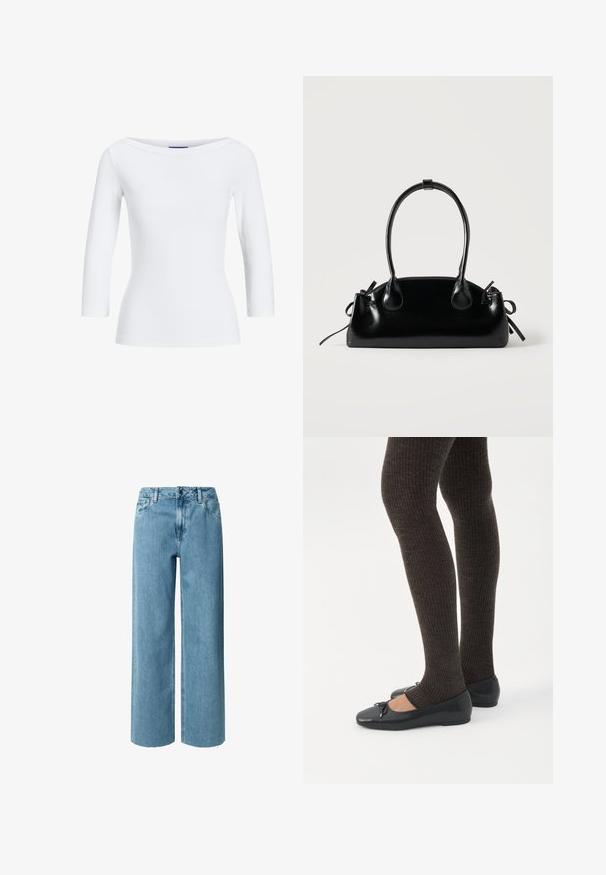 Top blanco de manga larga con cuello barco. La tela es suave, ajustada y presenta un acabado limpio en los puños y el dobladillo.; Jeans de mezclilla azul de pierna ancha con cintura alta, que cuentan con trabillas para cinturón, cremallera y dobladillos deshilachados. La tela tiene una textura suave y lisa.; Piernas con leggings oscuros acanalados combinados con bailarinas negras que presentan pequeños detalles de lazo sobre un fondo blanco.; Pequeño bolso negro brillante con dos asas largas y detalles de cordón lateral sobre un fondo claro liso.