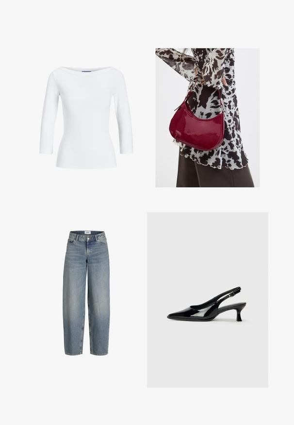 Hvid, ribbet langærmet top med bådudskæring. Stoffet er glat, tætsiddende og har en ren afslutning ved manchetterne og kanten.; Lyseblå, løstsiddende jeans med høj talje, lavet af denimstof. Har fem lommer og en traditionel lukning med knap og lynlås.; Sorte patenterede slingback-sko med spidse tæer og lav blokhæl. Justerbar spænde-rem ved anklen.; Kvinde iført en sort- og hvidmønstret bluse, der holder en blank rød skuldertaske mod en ensfarvet baggrund.