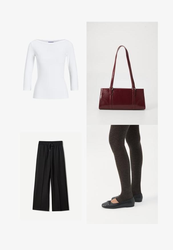 Witte geribbelde longsleeve top met een bootnek. De stof is soepel, aansluitend en heeft een nette afwerking bij de mouwen en de zoom.; Zwarte wijde broek van zachte stof. Voorzien van een elastische tailleband met een trekkoord en twee zijzakken. Platte voorkant met plooien.; Benen met donkere geribbelde leggings gecombineerd met zwarte ballerina's met kleine strikdetails op een witte achtergrond.; Bourgondische handtas van glanzend materiaal, rechthoekige vorm, met twee schouderbanden en subtiele gebogen accenten aan de voorkant.