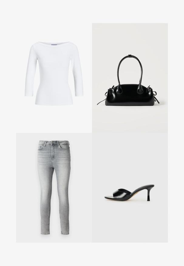 Top blanco de manga larga con cuello barco. La tela es suave, ajustada y presenta un acabado limpio en los puños y el dobladillo.; Jeans ajustados de mezclilla gris con una textura suave, diseño de cinco bolsillos y cierre de botón y cremallera en la cintura. Acabado desvanecido en todo su alrededor.; Mules de tacón alto de cuero negro con diseño de punta descubierta y una amplia correa superior curva. Textura suave y silueta elegante.; Pequeño bolso negro brillante con dos asas largas y detalles de cordón lateral sobre un fondo claro liso.
