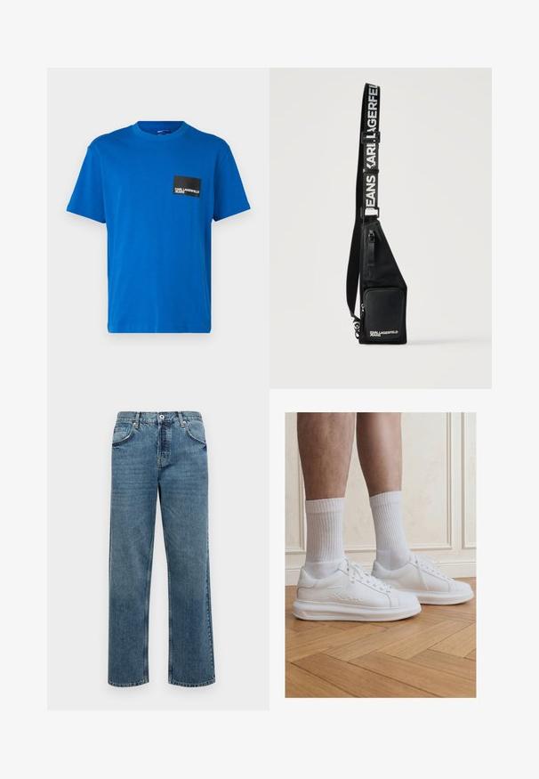 Camiseta de algodón azul con cuello redondo y mangas cortas, que presenta un bolsillo cuadrado negro con texto de logo en blanco. Textura suave.; Pantalones vaqueros de denim azul con corte recto, que cuentan con cinco bolsillos, cierre de botón y cremallera, y detalles de costura visibles.; Piernas con calcetines blancos acanalados y zapatillas blancas Karl Lagerfeld, de pie sobre un suelo de parquet de madera clara.; Bolso bandolera negro con bolsillo frontal con cremallera y correa ajustable impresa con "KARL LAGERFELD JEANS" en letras blancas.