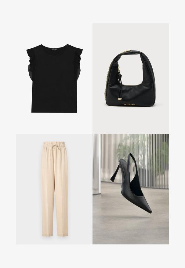 Top negro con mangas cortas transparentes y en volantes, cuello redondo y una tela suave y lisa. Diseño sencillo sin patrones ni acentos adicionales.; Pantalones ligeros beige con cintura elástica, detalle de cordón y diseño de pierna recta. Textura suave, estilo minimalista.; Zapato de tacón stiletto con tira trasera de cuero negro y punta puntiaguda, flotando sobre un suelo de hormigón liso y fondo de panel metálico vertical.; Bolso Valentino de cuero negro con textura granulada, estructura suave, cremallera dorada, tirador de cuero anudado, detalle de cadena dorada y logotipo dorado en la base.