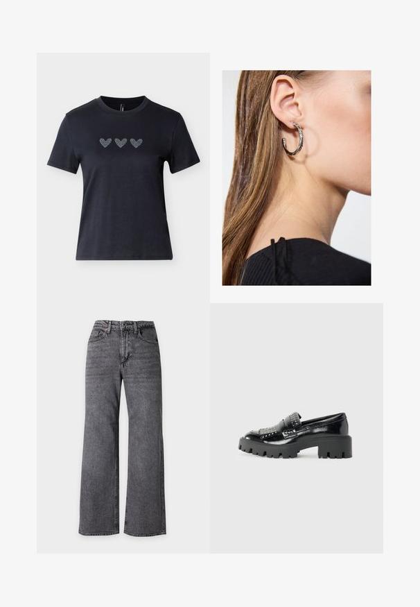 Sort kortærmet t-shirt i bomuld med tre hjerter dekoreret med rhinsten i en række tværs over brystet, der viser en glat tekstur.; Hojsiddende sorte brede jeans med knapper foran og lommer, vist helt udstrakt.; Sorte patenterede læder loafers med en chunky sort platformsål, udsmykket med metalliske nitter på forfoden og et rundt tådesign.; Sølv hoop ørestik med en poleret overflade, prydet med små guld accenter og en rund form, båret på øreflippen.