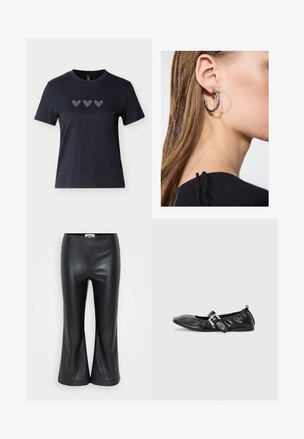 Zwart katoenen T-shirt met korte mouwen en drie hartvormige rijen van strass-steentjes over de borst, met een gladde textuur.; Zwarte faux leren flare-pantalons met een gladde textuur. Heeft een hoge taille en splitten aan de zoom voor een comfortabele pasvorm. Merklabel aan de binnenkant van de tailleband.; Zwarte leren platte schoen met een spitse neus, geplooide details rond de opening en een zilveren gespaccentueerde verstelbare band.; Zilveren oorbel met een gepolijste afwerking, met kleine gouden accentdetails en een ronde vorm, gedragen op de oorlel.