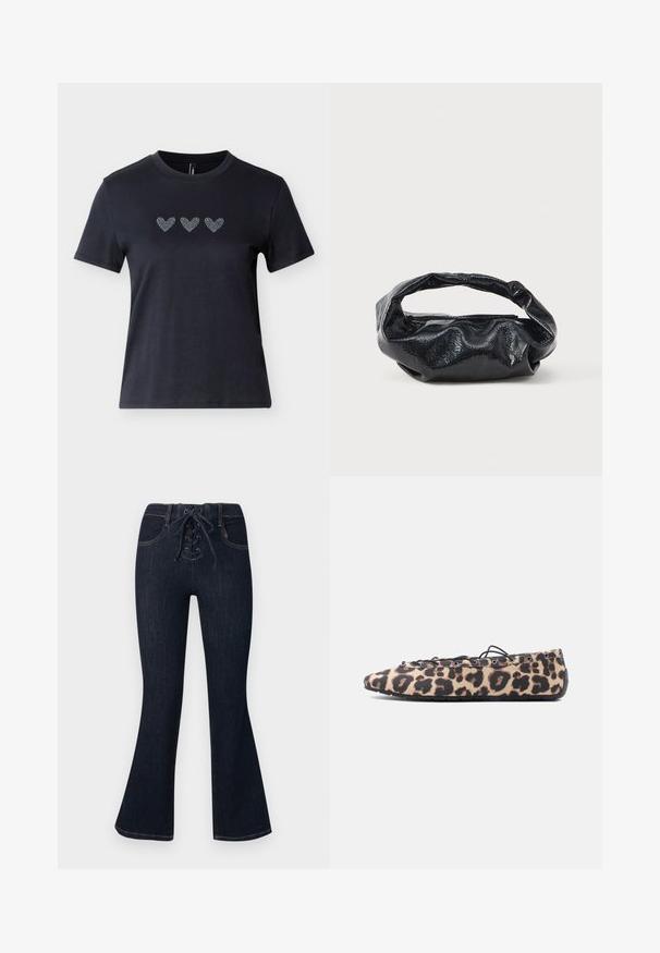 T-shirt noir à manches courtes en coton avec trois motifs de cœurs en strass alignés sur la poitrine, présentant une texture lisse.; Jean évasé bleu foncé avec fermeture à lacets à l'avant et poches avant, présenté à plat sur un fond uni.; Chaussure plate en tissu imprimé léopard, lacets noirs passant à travers des œillets en métal, et semelle en caoutchouc flexible sur fond blanc.; Sac noir en matériau texturé et brillant avec une poignée circulaire torsadée et une fermeture éclair. Présente un design doux et froissé.