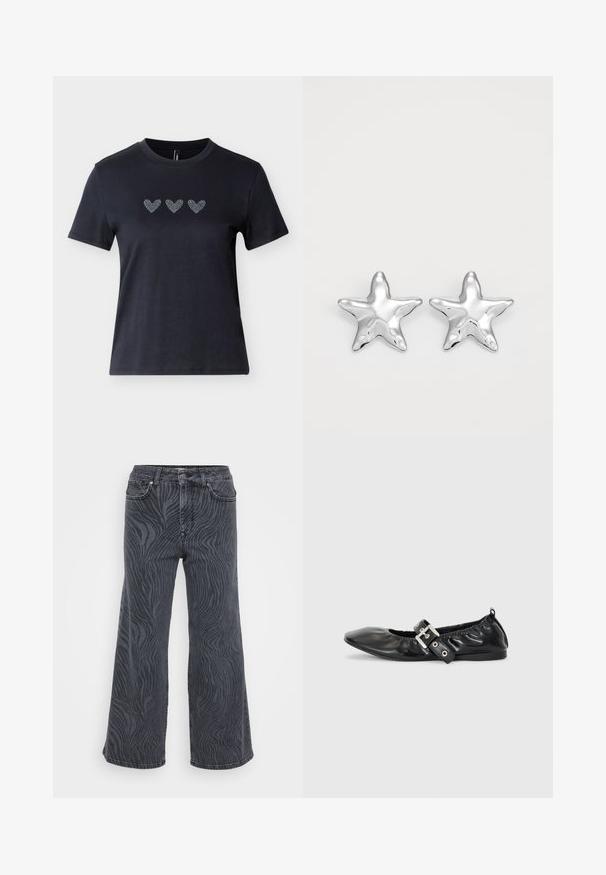 Zwart katoenen T-shirt met korte mouwen en drie hartvormige rijen van strass-steentjes over de borst, met een gladde textuur.; Wijde pijpen jeans in donkergrijze denim met een zebraprintpatroon. Klassiek ontwerp met vijf zakken, voorzien van een knoop- en ritsluiting.; Zwarte leren platte schoen met een spitse neus, geplooide details rond de opening en een zilveren gespaccentueerde verstelbare band.; Zilveren stervormige oorbellen met een gepolijste, glanzende afwerking. Elke oorbel heeft vijf punten en subtiele textuurdetails op het oppervlak.