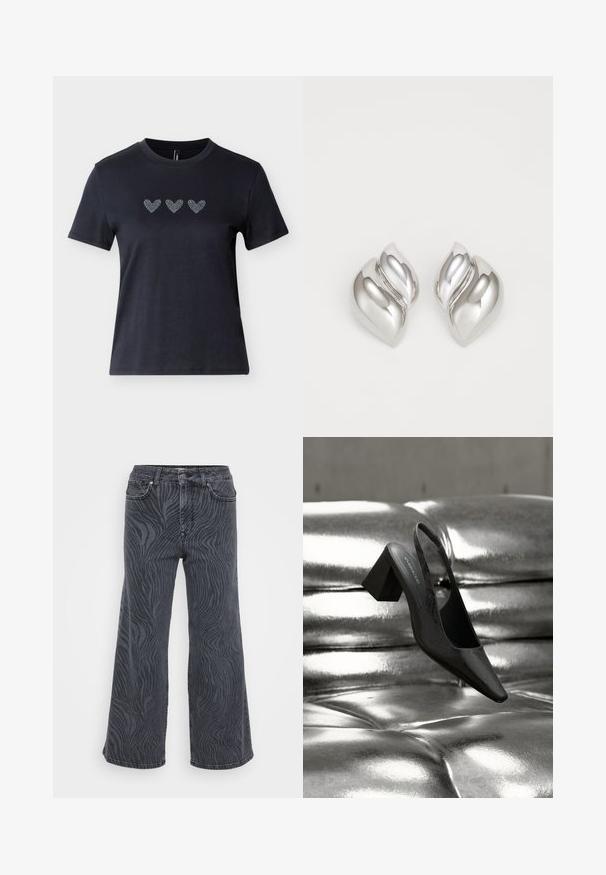 Schwarzes kurzärmliges T-Shirt aus Baumwolle mit drei Reihen von Herzmotiven aus Strasssteinen über der Brust, die eine glatte Textur zeigen.; Weite Jeans aus dunkelgrauem Denim mit einem Zebramuster. Klassisches Fünf-Taschen-Design mit Knopf- und Reißverschluss.; Schwarzer Slingback-Absatz mit spitz zulaufender Spitze, der eine strukturierte Oberfläche und einen massiven Blockabsatz aufweist. Auf einem glänzenden, metallischen Hintergrund platziert.; Silberne Ohrringe mit einer organischen, abstrakten Form. Glatte, glänzende Oberfläche mit einem konischen Design. Mit dezenten Kurven und einem zentralen Linienelement.