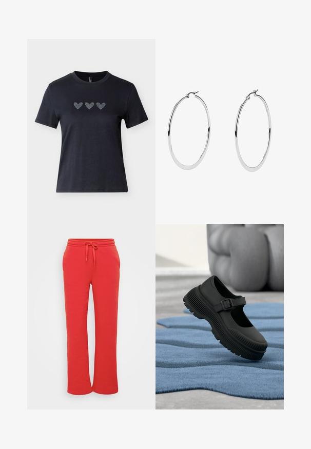 Schwarzes kurzärmliges T-Shirt aus Baumwolle mit drei Reihen von Herzmotiven aus Strasssteinen über der Brust, die eine glatte Textur zeigen.; Rote Sweatpants aus weichem Baumwollmaterial, mit einem elastischen Bund und Kordelzug sowie einem geraden Bein Schnitt. Geschmeidige Textur.; Schwarzer Mary-Jane-Schuh mit dicker, gerippter Sohle und Schnallenriemen, liegend auf einem strukturierten blauen Teppich mit unscharfem Hintergrund.; Große Silberohrringe mit polierter Metalloberfläche, die ein glattes, kreisförmiges Design und einen sicheren Klappverschluss aufweisen.