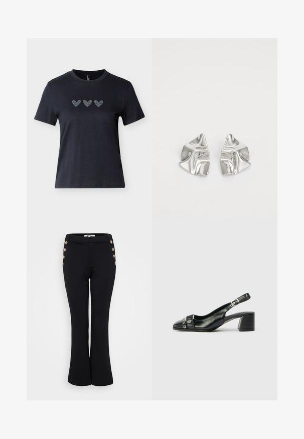 T-shirt noir à manches courtes en coton avec trois motifs de cœurs en strass alignés sur la poitrine, présentant une texture lisse.; Pantalons évasés noirs en tissu lisse, ornés de boutons dorés à la taille pour le détail et offrant une silhouette ajustée.; Sandale à talon en cuir noir avec un bout pointu, une sangle texturée ornée d'accents métalliques circulaires et un talon empilé.; Boucles d'oreilles en métal argenté avec un design ondulé et sculptural, présentant une finition polie et des formes irrégulières, mettant en valeur une esthétique contemporaine.