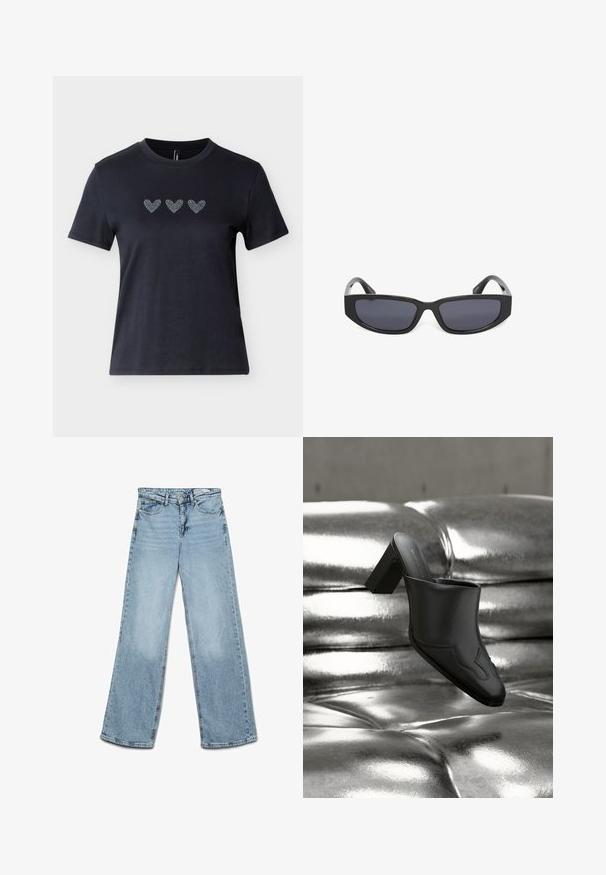 Sort kortærmet t-shirt i bomuld med tre hjerter dekoreret med rhinsten i en række tværs over brystet, der viser en glat tekstur.; Lyseblå højtaljede jeans med vide ben, knap- og lynlås-lukning, for- og baglommer samt bæltestropper.; Sort lædermule med blokhæl hvilende på en skinnende sølvpolstret overflade, der fremhæver dens elegante design og buede detaljer.; Sorte rektangulære solbriller med mørke tonede glas og tykke stel mod en hvid baggrund.