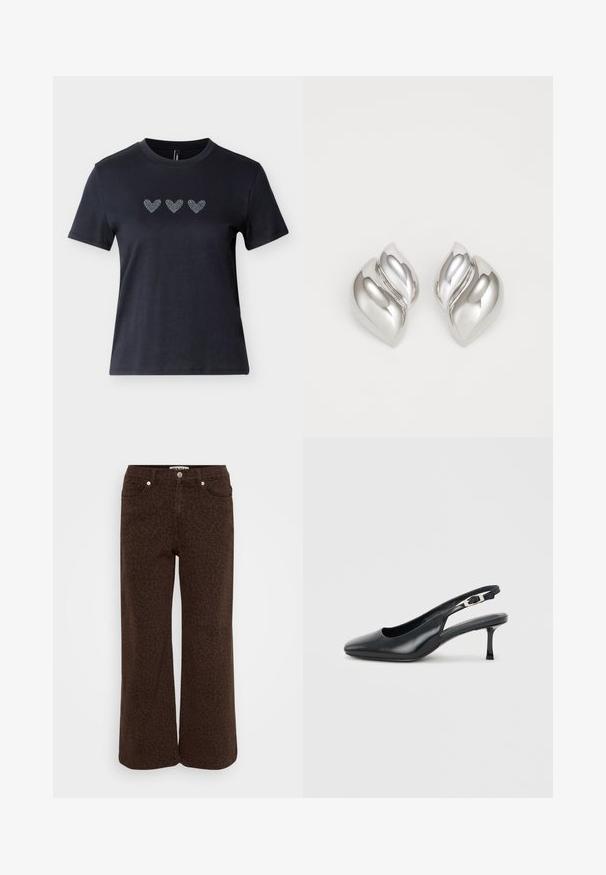 Schwarzes kurzärmliges T-Shirt aus Baumwolle mit drei Reihen von Herzmotiven aus Strasssteinen über der Brust, die eine glatte Textur zeigen.; Braune weite Jeans mit einem dezenten Leopardenmuster. Aus Denim gefertigt, mit einem Fünf-Taschen-Design und einer Metallknopfverschluss.; Schwarzer Slingback-Schuh aus Leder mit spitzer Kappe, niedrigem, schlankem Kitten-Heel und verstellbarem Schnallenriemen vor hellem, einfarbigem Hintergrund.; Silberne Ohrringe mit einer organischen, abstrakten Form. Glatte, glänzende Oberfläche mit einem konischen Design. Mit dezenten Kurven und einem zentralen Linienelement.