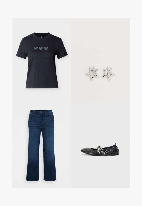 Mustast puuvillast lühikeste varrukatega T-särk, millel on rinnal reas kolm kristallkiviga kaunistatud südamekujundit, esitades sujuvat tekstuuri.; ONLY Petite ONLMADISON BLUSH WIDE - Wide leg - dark blue denim; Must musta lamega, millel on terav nina, kokkukogutud detailid avause ümber ja hõbedane pandla aktsent reguleeritaval rihmal.; Hõbedast tähekujulised rõngaskõrvarõngad, millel on sile ja poleeritud viimistlus, tavalise valge taustaga.
