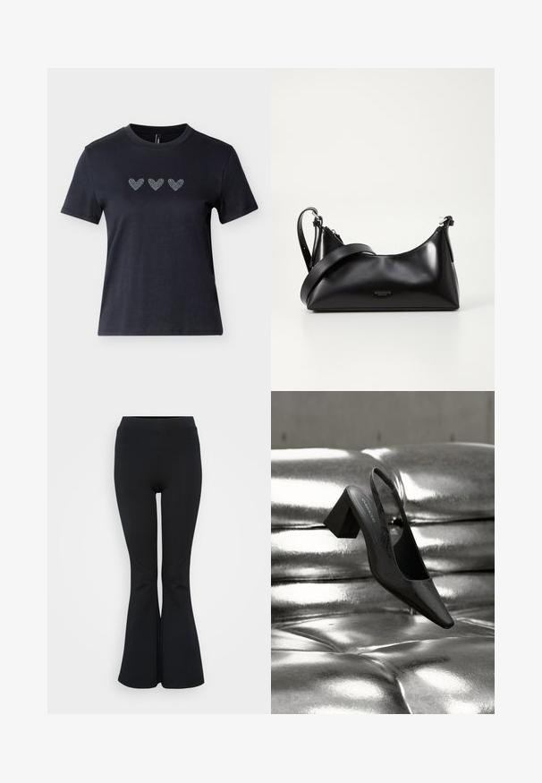 Schwarzes kurzärmliges T-Shirt aus Baumwolle mit drei Reihen von Herzmotiven aus Strasssteinen über der Brust, die eine glatte Textur zeigen.; Schwarze ausgestellte Leggings aus elastischem Material. Verfügt über einen hohen Bund und eine glatte Textur. Endet mit einem ausgestellten Saum.; Schwarzer Slingback-Absatz mit spitz zulaufender Spitze, der eine strukturierte Oberfläche und einen massiven Blockabsatz aufweist. Auf einem glänzenden, metallischen Hintergrund platziert.; Schwarze lederne Handtasche mit glatter Textur. Verfügt über einen verstellbaren Riemen und ein elegantes, minimalistisches Design mit einem Reißverschluss.