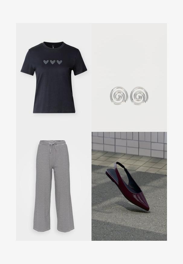T-shirt noir à manches courtes en coton avec trois motifs de cœurs en strass alignés sur la poitrine, présentant une texture lisse.; Pantalons larges en tissu doux avec des rayures horizontales noires et blanches, dotés d'une taille élastique et d'un cordon de serrage pour un ajustement ajustable.; Chaussure plate slingback en cuir verni marron avec bout pointu flottant au-dessus d'un trottoir texturé près d'un mur carrelé.; Paire de boucles d'oreilles en forme d'anneau spirale en argent avec un design lisse et arrondi sur fond blanc uni.