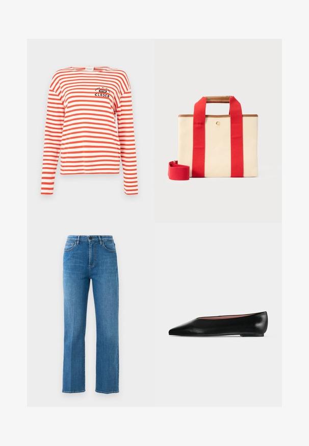 Langärmeliges gestreiftes Hemd in Rot und Weiß mit Rundhalsausschnitt und Brustlogo. Hergestellt aus weichem Baumwollmaterial mit lockerem Schnitt.; Gerade geschnittene blaue Denim-Jeans mit Vordertaschen, Gürtelschlaufen, Reißverschluss und Knopfverschluss vor einem schlichten weißen Hintergrund.; Schwarzer flacher Damenleder-Schuh mit spitzer Kappe und niedrigem Absatz, von der Seite auf einfarbigem hellgrauem Hintergrund gezeigt.; Beige rechteckige Leinwand-Shopper-Tasche mit breiten roten Trägern, braunen Lederrändern und einem abnehmbaren roten Schultergurt vor hellem Hintergrund.