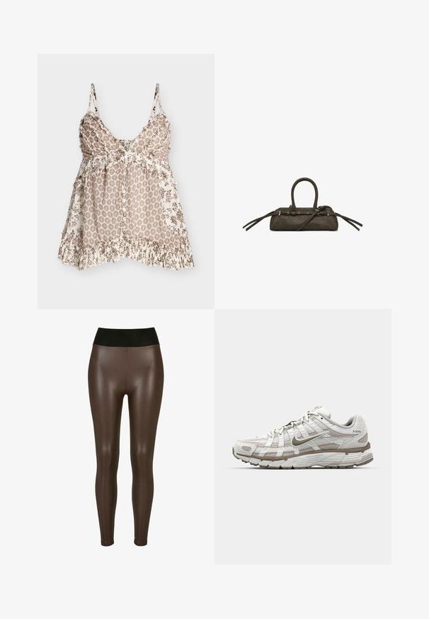 Ærmeløs beige top med brune blomsterprint, knapper foran, flæsekant og justerbare spaghetti-stropper på en ensfarvet baggrund.; Brune faux læder leggings med en høj sort talje, der har en glat, blank finish og en tætsiddende design til anklerne.; Hvid atletisk sko med mesh-overdel, lysebrune detaljer og en polstret sål. Har snørrelukning og tekst på siden.; Lille mørkebrun læderhåndtaske med to korte håndtag, en lang rem og lynlås på en ensfarvet hvid baggrund.