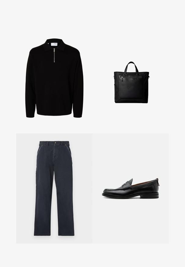 Sort langærmet strikket pullover med krave og kort lynlås foran, designet til mænd.; Mørkeblå bomuldsbukser med lige ben-design. Har forlommer, knaplukning og synlige syninger.; Sort læder herre loafer med moc-tå syning, penny strop, struktureret krave og lav stablet hæl på hvid baggrund.; Sort taske med dobbelte håndtag, stor læderlomme foran med lynlås og diskret Calvin Klein-logo midt på lommen.