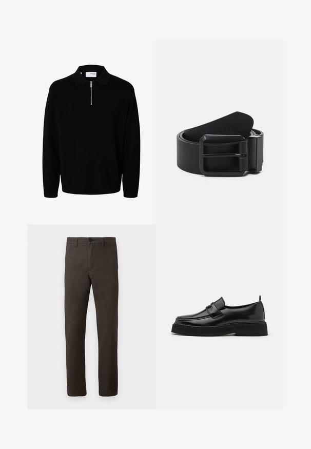 Pull noir à manches longues en maille avec col et courte fermeture éclair à l'avant, conçu pour hommes.; Pantalons bruns en tissu texturé, avec une coupe droite, une fermeture à bouton unique et un style minimaliste.; Chaussures en cuir noir de style mocassin avec une semelle plate et texturée, présentant un bout piqué et une sangle traversant le cou-de-pied.; Ceinture en cuir noir avec une boucle en métal noir mat, présentant une surface plate et lisse et une extrémité effilée. Design simple sans embellissements.