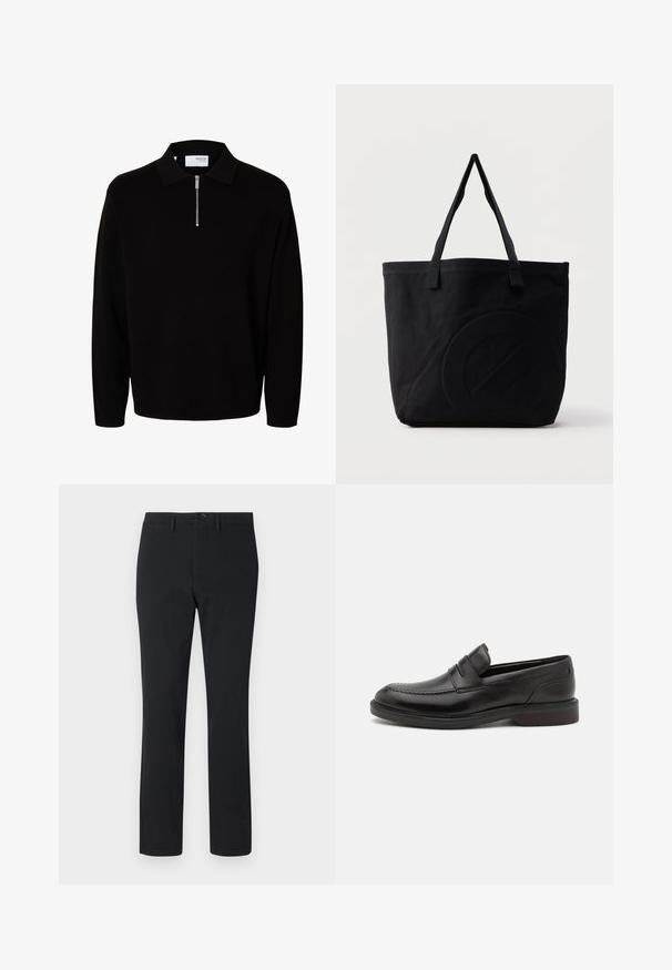 Pull noir à manches longues en maille avec col et courte fermeture éclair à l'avant, conçu pour hommes.; Pantalons noirs à jambe droite en tissu lisse. Présentent une fermeture à bouton sur le devant, des passants de ceinture et deux poches latérales.; Mocassins en cuir noir avec un détail de couture à l'avant, deux sangles horizontales sur le dessus, et un talon en bois. Texture lisse et forme arrondie.; Sac fourre-tout en toile noire avec deux bandoulières et un motif circulaire discret en relief sur le devant.