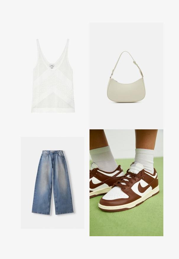 Hvid strikket ærmeløs tanktop med V-hals og chevronmønster i varierede strikketeksturer, mærket størrelse small.; Bredde ben blå denim jeans med høj talje og falmede detaljer, lagt fladt på hvid baggrund.; Brune og hvide lædersneakers med perforeret tå, strukturerede detaljer og flade snørebånd. Modellen har et lavt design og gummisål.; Pieces PCALUANA SHOULDER BAG - Håndtasker - birch