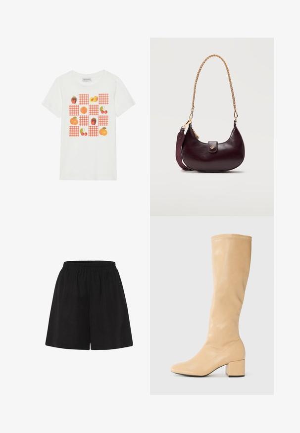 Camiseta de algodón blanca con un diseño de cuadrícula de frutas y patrones de cuadros rojos, de manga corta y con cuello redondo.; Pantalones cortos de algodón negros con cinturilla elástica, con un ajuste holgado y un diseño de pierna recta. Textura suave, sin patrones o acentos adicionales.; Anna Field Botas - beige; Bolso de mano de cuero en forma de media luna de color púrpura oscuro con correa de cadena dorada y correa lateral de tela, con un pequeño cierre dorado en la solapa frontal.