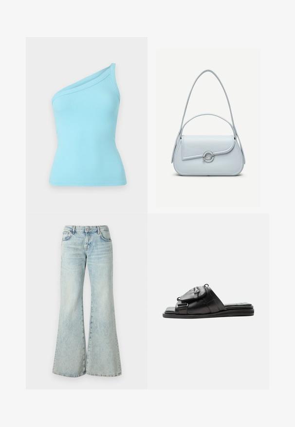 Lichtblauw geribbeld tanktop met een een-schouder ontwerp en een gladde textuur. Elastische stof zorgt voor een aangesloten silhouet.; Lichtblauwe flared jeans van denim, met een hoge taille, zakken en rafelige zomen. De stof heeft een vervaagde wassing en een subtiele textuur.; Zwarte leren slippers met gevoerde zool en vooraan ritsvak detail op het bandje.; Lichtblauwe leren handtas met een afgeronde klep, zilveren ronde sluiting en twee schouderbanden tegen een effen achtergrond.