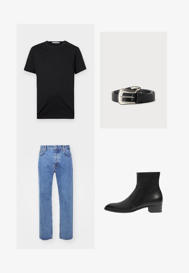 Schwarzes T-Shirt mit kurzen Ärmeln und Rundhalsausschnitt, schlichtes Design, mit der Aufschrift "Tiger of Sweden" innen am Kragen.; Won Hundred STEVE - Jeans Relaxed Fit - cut blue; Schwarze Leder-Ankle-Boots mit modernem Design, spitzer Zehenpartie und niedrigem Blockabsatz. Verfügt über eine nahtlose Seitenpartie für einen eleganten Look.; Schwarzer Ledergürtel mit großer silberner Western-Schnalle, auf einem neutralen Hintergrund aufgewickelt.