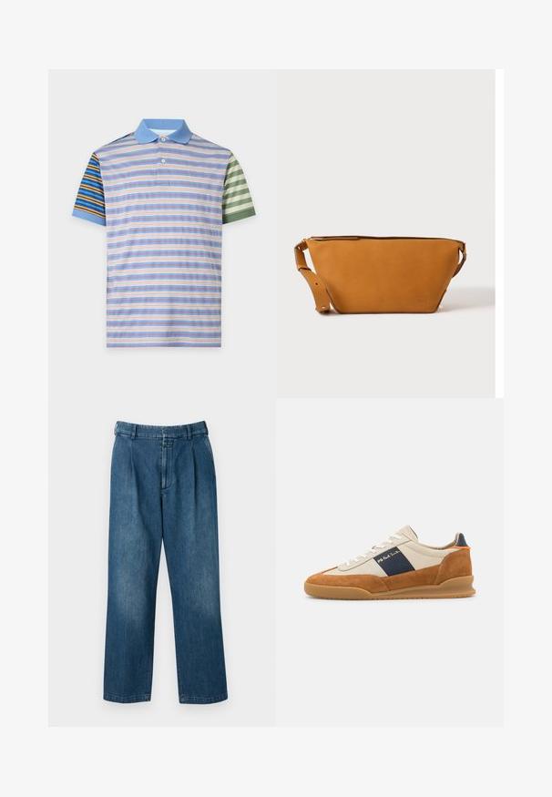Polo à manches courtes avec col bleu clair et rayures horizontales mélangées en bleu, marron, blanc, pêche et vert sur le corps et les manches.; Pantalons en denim bleu avec un design à jambes droites, dotés d'une taille haute, de plis à l'avant et d'une fermeture à bouton classique. Texture lisse.; PS Paul Smith DOVER - Baskets basses - cognac/off-white; Sac bandoulière en cuir marron clair avec sangle réglable et fermeture éclair, présenté sur un fond clair uni.