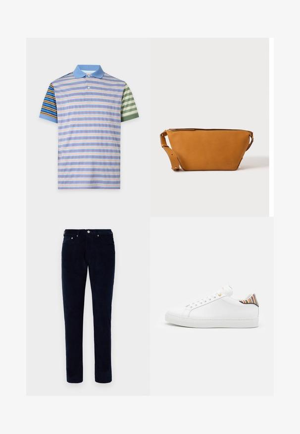 Kurzärmliges Poloshirt mit hellblauem Kragen und gemischten horizontalen Streifen in Blau, Braun, Weiß, Pfirsich und Grün am Körper und an den Ärmeln.; Herren Slim-Fit dunkelblaue Cordhosen mit Front- und Gesäßtaschen, Gürtelschlaufen und Knopfverschluss.; Weiße Ledersneaker mit glatter Oberfläche, ausgestattet mit einem bunten gestreiften Akzent an der Ferse, goldener Öse und flacher weißer Sole.; Hellbraune Leder-Umhängetasche mit verstellbarem Schulterriemen und Reißverschluss, vor einem schlichten hellen Hintergrund gezeigt.