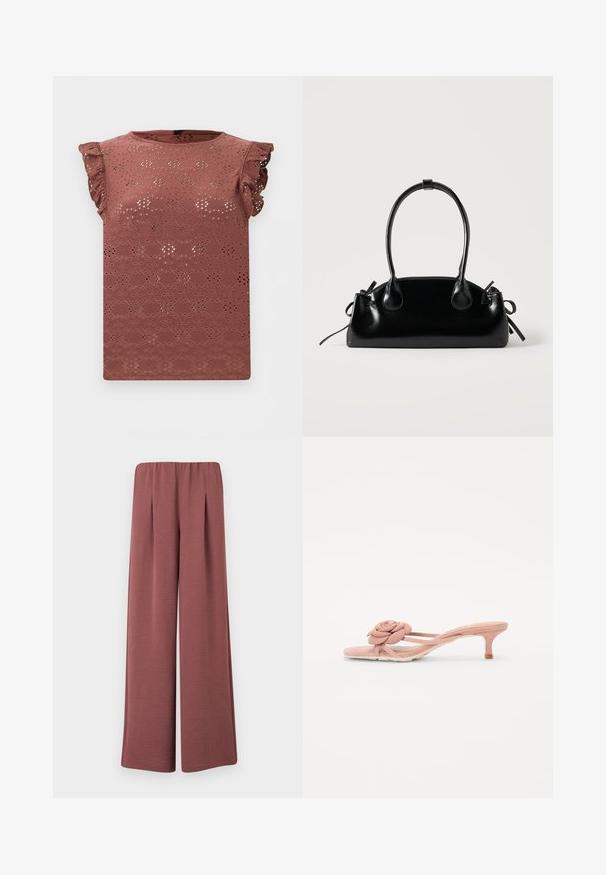 Ärmellose Bluse in staubigem Rosé mit Lochstickerei-Muster und Rüschen an den Schultern.; Weit geschnittene Hose aus strukturiertem, staubrosafarbenem Stoff mit elastischem Bund und vorderen Falten, vor einem schlichten Hintergrund präsentiert.; Helle rosa Rutschsandalen mit einem strukturierten Blumendetail am Riemen und einem kleinen Absatz. Weiches Material und offenes Design.; Kleine schwarze glänzende Handtasche mit zwei langen Griffen und seitlichen Kordelzug-Details vor einfachem hellem Hintergrund.