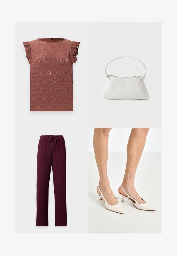 Støvrosa ærmeløs bluse med broderet hulmønster og flæse skuldre.; Mørkerøde teksturerede bukser med lige ben og en elastisk linning med en matchende snøre.; Beige patenterede læder slingback hæle med spids tå og 5 cm hæl, med udskårne sider og en tynd ankelrem.; Hvid fletlæderhåndtaske med afrundet håndtag og ender på remmen, der er knyttet, vist mod en ensfarvet baggrund.