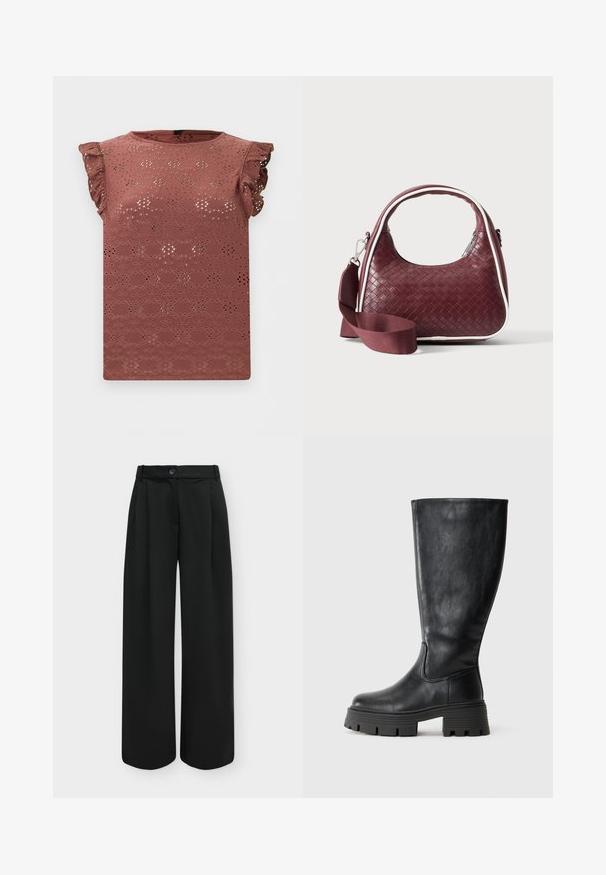 Ärmellose Bluse in staubigem Rosé mit Lochstickerei-Muster und Rüschen an den Schultern.; Schwarze, hoch taillierte, weit geschnittene Hose mit Knopf vorne und verdecktem Reißverschluss auf hellem, einfarbigem Hintergrund.; Schwarze kniehohe Stiefel aus glattem Leder mit einer dicken, strukturierten Sohle und dezenten Nahtdetails an der Außenseite.; Dunkelrote gewebte Ledertasche mit gebogenem Griff, weißem Besatz, silbernem Reißverschluss und abnehmbarem breitem Stoff-Schulterriemen vor einfarbigem Hintergrund.