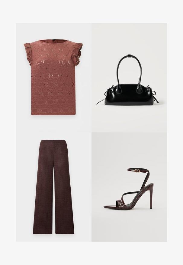 Blouse sans manches rose poudré avec motif en dentelle ajourée et épaules volantées.; Pantalon marron à jambes larges avec une ceinture élastique, conçu dans un tissu froissé et de longueur complète.; Sandale à talons hauts en cuir verni bourgogne avec une bride de cheville, bout pointu et trois bandes horizontales sur le pied. Détail de boucle dorée.; Petit sac à main noir brillant avec deux longues anses et des détails à cordon sur les côtés sur un fond clair uni.